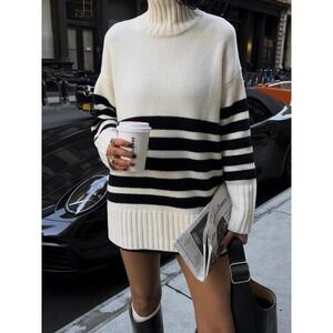 Line & Dot Abbey Sweater Dress Ivory Black Stripe Turtleneck Knit Sz Small NEW